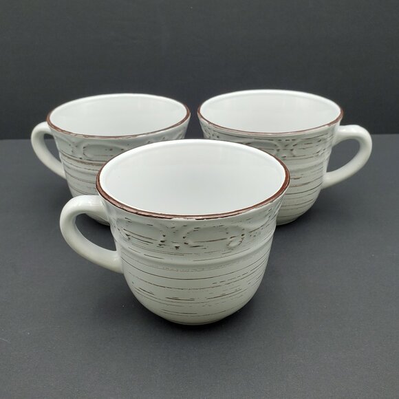 Pfaltzgraff Trellis White Mugs White Mugs Brown Bands Embossed Scrolls - Picture 2 of 6